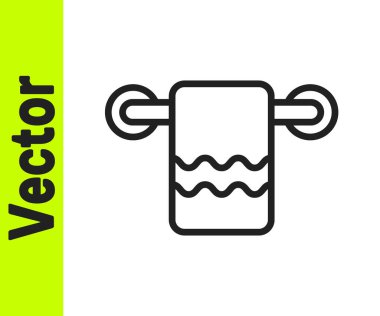 Beyaz arka planda izole edilmiş bir askı simgesinde siyah çizgi havlusu. Banyo havlusu ikonu. Vektör.