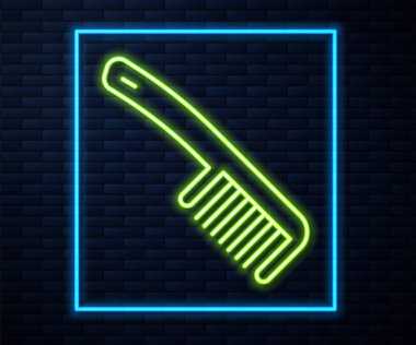 Parlak neon çizgili saç fırçası ikonu tuğla duvar arkasında izole edilmiş. Taraklı saç işareti. Berber sembolü. Vektör.