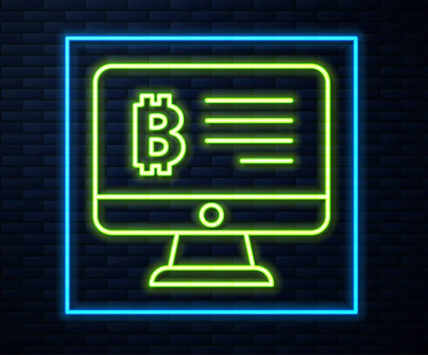 Glowing Neon Line Mining Bitcoin Monitor Icon Isolated Brick Wall — Stock Vector