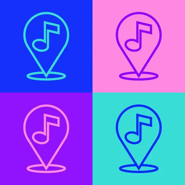 Pop Art Line Locatie Muzikale Noot Pictogram Geïsoleerd Kleur Achtergrond — Stockvector