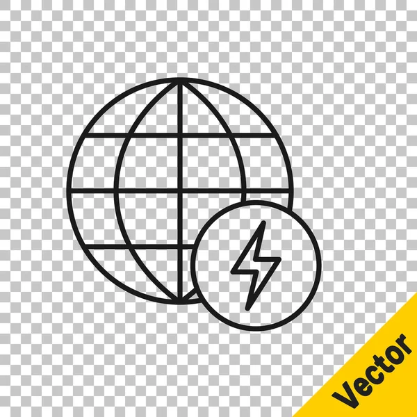 Black line Global energy power planet with flash thunderbolt icon isolated on transparent background. Ecology concept and environmental.  Vector.