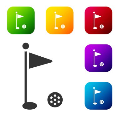 Siyah Golf bayrağı simgesi beyaz arkaplanda izole edildi. Golf ekipmanı ya da aksesuar. Renkli kare düğmelerle simgeleri ayarla. Vektör.