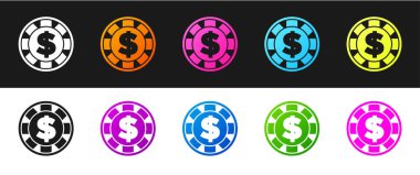 Siyah beyaz arka planda dolar sembolü olan kumarhane çipini ayarlayın. Kumarhane kumarı. Vektör.