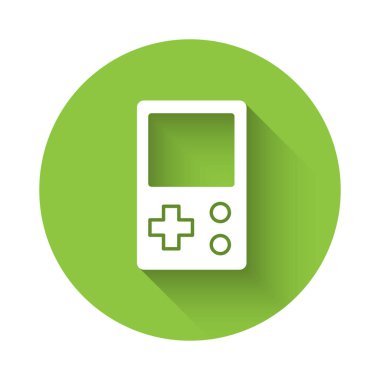 Uzun gölgeli beyaz taşınabilir tetris elektronik oyun ikonu. Klasik bir cep tuğlası oyunu. Etkileşimli oyun aygıtı. Yeşil daire düğmesi. Vektör.