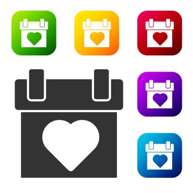 Siyah Takvim simgesi beyaz arkaplanda izole edildi. Olay hatırlatma sembolü. Renkli kare düğmelerle simgeleri ayarla. Vektör.