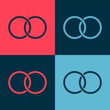 Pop Art Alyansları renk arkaplanında izole edilmiş bir simge. Gelin ve damat mücevher tabelası. Evlilik sembolü. Elmas yüzük. Vektör.