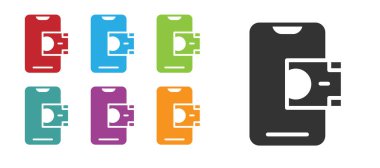 Siyah Mobil bankacılık simgesi beyaz arkaplanda izole edildi. Cep telefonu ekranına cep telefonu bankacılığı yoluyla para aktar. Simgeleri renklendirin. Vektör.