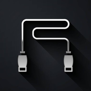 Gümüş atlama ipi simgesi siyah arkaplanda izole edildi. İp atlıyorum. Spor malzemeleri. Uzun gölge tarzı. Vektör.