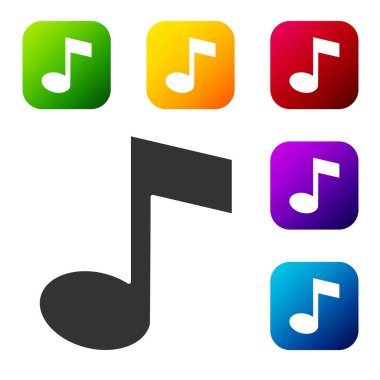 Siyah Müzik, beyaz arkaplanda izole edilmiş ton simgesi. Renkli kare düğmelerle simgeleri ayarla. Vektör.