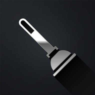 Boru temizleme ikonu için ahşap saplı gümüş kauçuk pompa siyah arka planda izole edilmiş. Tuvalet pompası. Uzun gölge tarzı. Vektör.