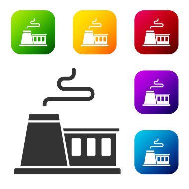 Siyah Fabrika simgesi beyaz arkaplanda izole edildi. Endüstriyel bina. Renkli kare düğmelerle simgeleri ayarla. Vektör.