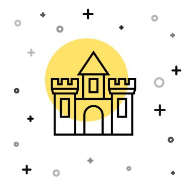 Beyaz arka planda siyah çizgi Castle simgesi izole edildi. Kulesi olan bir ortaçağ kalesi. Düşmanlardan koruma. Şehrin güvenilirliği ve savunması. Rastgele dinamik şekiller. Vektör.