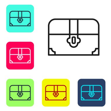 Siyah çizgi antika hazine sandığı resmi beyaz arka planda izole edilmiş. Altın sikkeli klasik tahta sandık. Renkli kare düğmelerle simgeleri ayarla. Vektör.