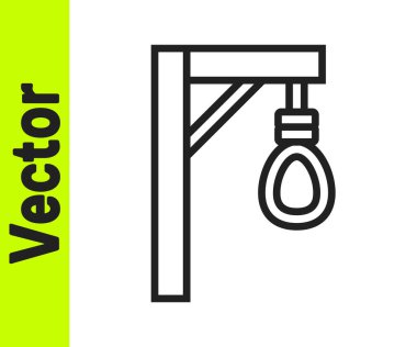 Beyaz arka planda siyah çizgi darağacı halat asılı ikon izole. İpe bağlanmış halat. İntihar, asılma ya da linç. Vektör.