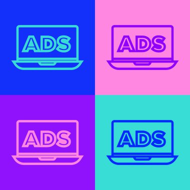 Pop sanat çizgisi reklam simgesi renk arkaplanında izole edildi. Pazarlama ve tanıtım süreci kavramı. İlgili reklamlar. Sosyal medya reklamcılığı. Vektör.