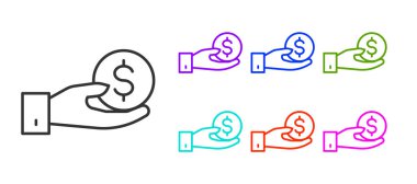 Siyah çizgi insan eli beyaz arka planda izole edilmiş para ikonu veriyor. Para ikonu alınıyor. Simgeleri renklendirin. Vektör.
