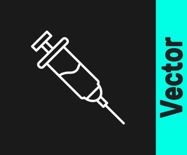 Beyaz çizgi Doping şırınga ikonu siyah arka planda izole. Vektör.