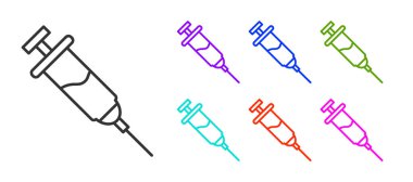 Siyah çizgi Doping şırınga ikonu beyaz arkaplanda izole edildi. Simgeleri renklendirin. Vektör.
