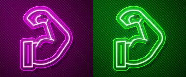 Parlayan neon hattı vücut geliştiricisi mor ve yeşil arka planda izole edilmiş kas simgesini gösteriyor. Formda kalmak, güçlü sağlık hobisi kavramı. Vektör.
