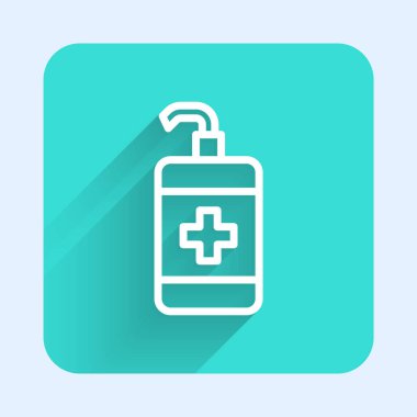 Beyaz çizgi El dezenfektanı ikonu uzun gölgeli. Dezenfeksiyon konsepti. Yıkama jeli. Hijyen için alkol şişesi. Yeşil kare düğmesi. Vektör.