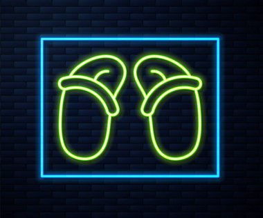 Parlayan neon hattı terlik ikonu tuğla duvar arka planında izole edildi. Plaj terlikleri tabelası. Vektör.