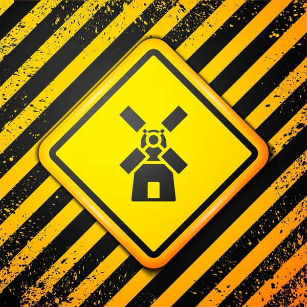 Schwarze Windmühle Symbol Isoliert Auf Gelbem Hintergrund Warnzeichen Vektor — Stockvektor