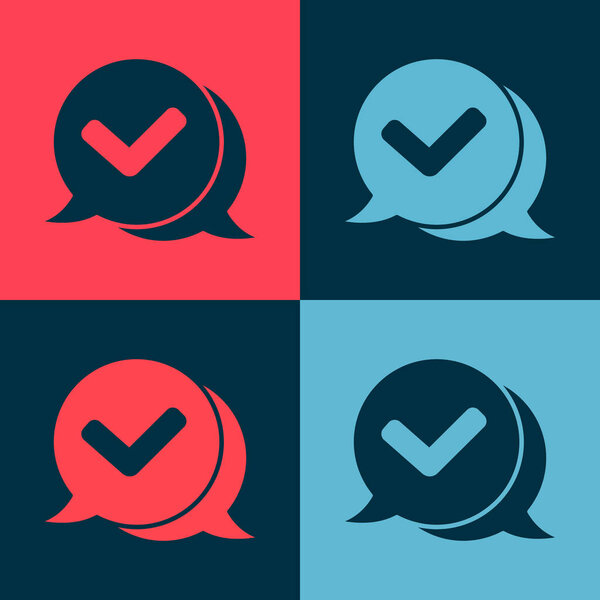 Pop art Check mark in speech bubble icon isolated on color background. Security, safety, protection, privacy concept. Tick mark approved.  Vector.