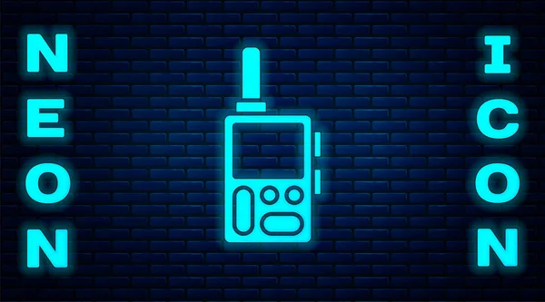 Glödande Neon Walkie Talkie Ikon Isolerad Tegelvägg Bakgrund Portabel Radiosändarikon — Stock vektor