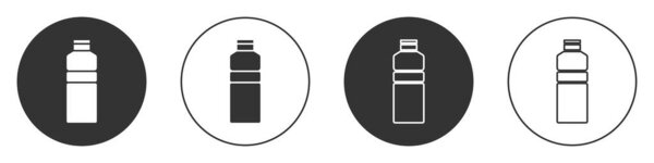 Черный фитнес-шейкер значок изолирован на белом фоне. Спортивный шейкер с крышкой для воды и протеиновых коктейлей. Круглая кнопка. Вектор.