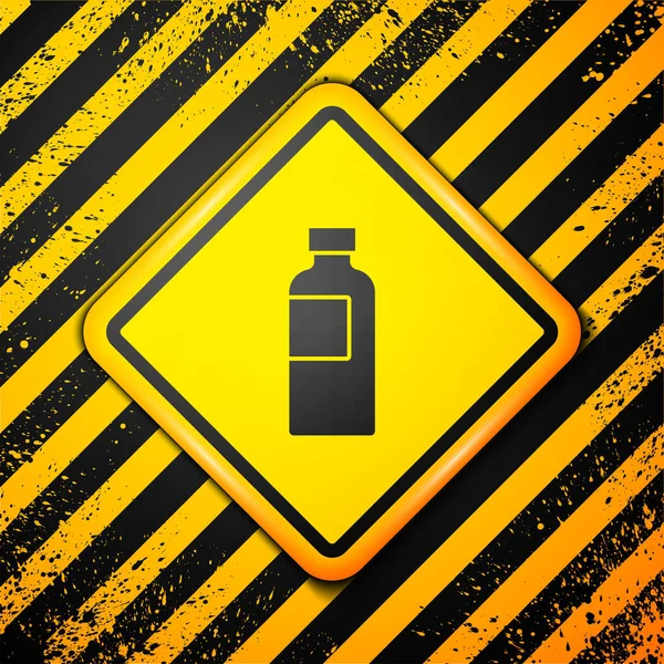 黄色の背景に隔離されたブラックフィットネスシェーカーアイコン ウォーターやタンパク質カクテル用の蓋付きスポーツシェーカーボトル 警告サインだ ベクトル — ストックベクタ