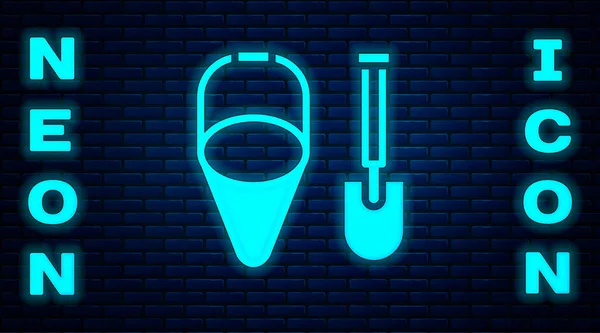 Világító Neon Tűz Lapát Kúp Vödör Ikon Elszigetelt Téglafal Háttér — Stock Vector