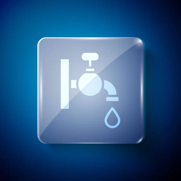 White Water Tap Icon Isolated Blue Background Square Glass Panels — Stock Vector