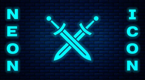 Glowing Neon Crossed Medieval Sword Icon Isolated Brick Wall Background — Stock Vector