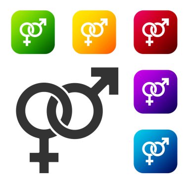 Siyah cinsiyet simgesi beyaz arkaplanda izole edilmiş. Erkek ve kadın sembolleri. Seks sembolü. Renkli kare düğmelerle simgeleri ayarla. Vektör.
