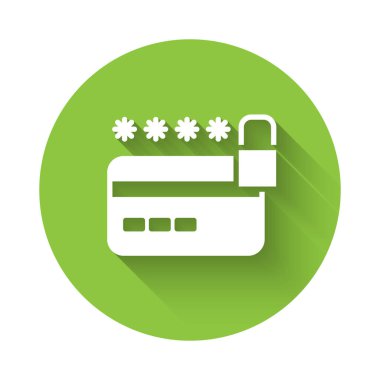 Kilit simgesi uzun gölgeli beyaz kredi kartı. Kilitli banka kartı. Güvenlik, güvenlik, koruma. Güvenli ödeme kavramı. Yeşil daire düğmesi. Vektör.