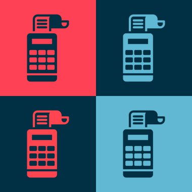 Renkli arka planda izole edilmiş bir çek simgesi olan bir yazar kasa makinesi. Kasiyer tabelası. Tabut sembolü. Vektör.