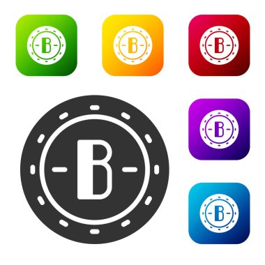 Siyah Kripto para birimi Bitcoin simgesi beyaz arka planda izole edildi. Madeni para. Engelleme zinciri tabanlı şifreli para birimi. Renkli kare düğmelerle simgeleri ayarla. Vektör.