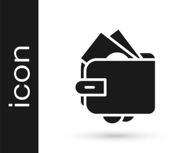 Siyah Cüzdan, kağıt para destesiyle beyaz arka planda izole edilmiş nakit ikonu. Çanta ikonu. Nakit tasarruf sembolü. Vektör.