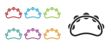 Siyah müzik aleti perküsyon tef, metal plaka ikonu beyaz arka planda izole. Simgeleri renklendirin. Vektör.