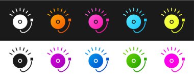 Çalan alarm simgesini siyah ve beyaz arkaplanda izole et. Yangın alarmı. Servis zili, el zili işareti, uyarı sembolü. Vektör.