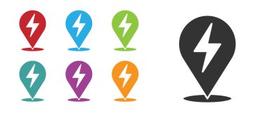 Siyah Şimşek simgesi beyaz arkaplanda izole edildi. Flaş ikonu. Flaş ikonunu yükle. Gök gürültüsü. Yıldırım çarpması. Simgeleri renklendirin. Vektör.