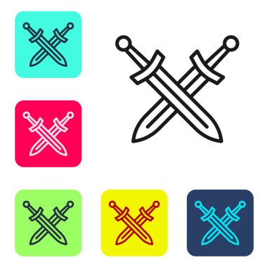Siyah çizgi beyaz arka planda izole edilmiş ortaçağ kılıç simgesini geçti. Ortaçağ silahı. Renkli kare düğmelerle simgeleri ayarla. Vektör.