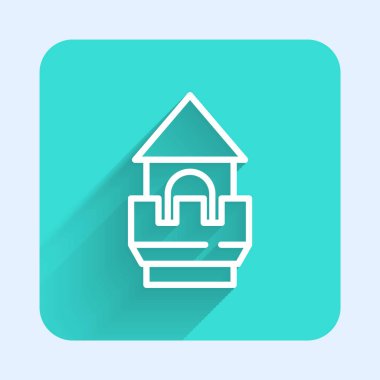 Beyaz çizgi kale ikonu uzun gölgeli izole edilmiş. Kale işareti. Yeşil kare düğmesi. Vektör.