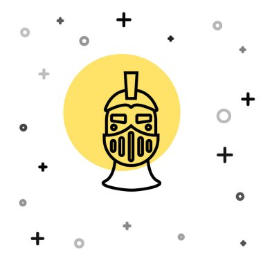 Beyaz arka planda izole edilmiş siyah çizgi Ortaçağ demir miğferi. Rastgele dinamik şekiller. Vektör.