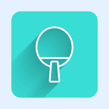 Masa tenisi ikonu oynamak için beyaz çizgi raketi uzun gölgeli izole edilmiş. Yeşil kare düğmesi. Vektör.