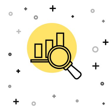 Beyaz zemin üzerinde siyah çizgi büyüteç ve veri analiz simgesi izole edildi. Rastgele dinamik şekiller. Vektör.