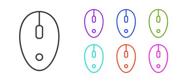 Siyah çizgi bilgisayar fare simgesi beyaz arkaplanda izole edildi. Tekerlek sembollü optik. Simgeleri renklendirin. Vektör.