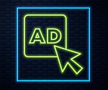 Parlayan neon hattı reklam simgesi tuğla duvar arka planında izole edildi. Pazarlama ve tanıtım süreci kavramı. İlgili reklamlar. Sosyal medya reklamcılığı. Vektör.