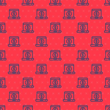 Dolar simgesi olan mavi çizgi dizüstü bilgisayarı kırmızı arka planda izole edilmiş. Dünyanın her yerine para göndermek, para transferi, online bankacılık, finansal işlemler. Vektör.