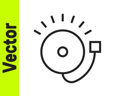 Siyah çizgi alarm zili simgesi beyaz arkaplanda izole edildi. Yangın alarmı. Servis zili, el zili işareti, uyarı sembolü. Vektör.